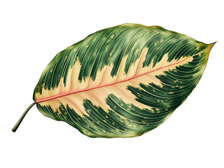 Single tropical calathea leaf with pink midrib and variegated green yellow texture isolated on transparent background, png