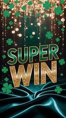 "SUPER WIN" text with golden sparkles and shamrocks on dark emerald silk background
