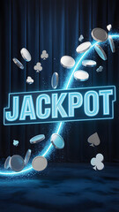 "JACKPOT" text in neon with coins and playing card suits on blue curtain background
