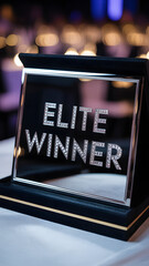 "ELITE WINNER" text on luxury plaque with crystal detailing at formal event
