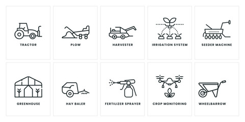 Comprehensive Icon Set of Modern Farming Machinery and Tools Featuring Tractors, Plows, Harvesters, and Irrigation Systems for Efficient Agricultural Projects and Innovations