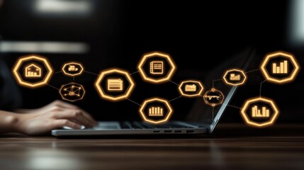 Businesswoman working on laptop with interconnected icons, virtual connections, office setting. Possible use Business concept, teamwork, technology