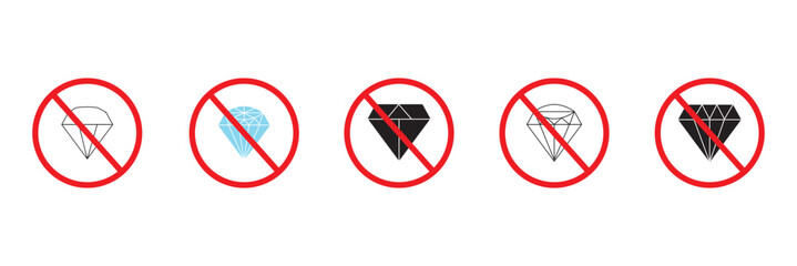 No diamond vector icon. Forbidden carat symbol. No stone gem flat sign design. Prohibited adamant vector icon. Warning, caution, attention, restriction ban pictogram. No jewerly. No VIP vector icon