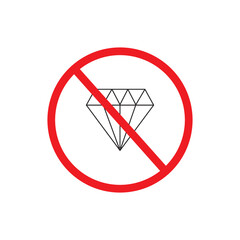 No diamond icons. Black diamonds in red prohibition circles. Quality and authenticity symbols. Vector illustration.