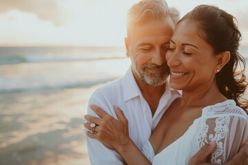 Portrait of a blissful latino couple in their 40s sharing a hug on the seashore
