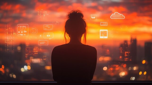 Silhouette of woman gazing at city sunset through window with digital overlays