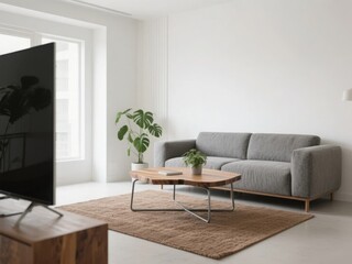 Modern minimalist living room with a gray sofa, wooden coffee table, and large window