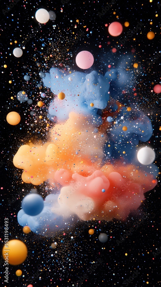 Poster abstract colorful particle explosion with flowing shapes