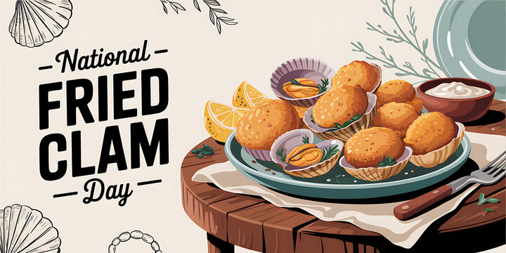 Happy Fried Clam Day, Chef Holding Plate of Fried Clams for National Fried Clam Day, Web Banner. 

