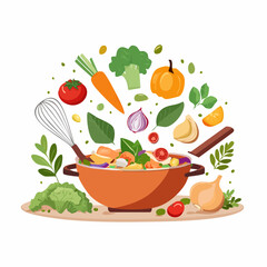 Colorful illustration of fresh vegetables and herbs being prepared in a cooking pot.