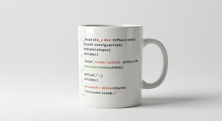 Coffee mug with printed HTML code, isolated on white background