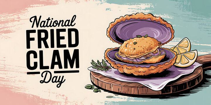 Happy Fried Clam Day, Chef Holding Plate of Fried Clams for National Fried Clam Day, Web Banner. 

