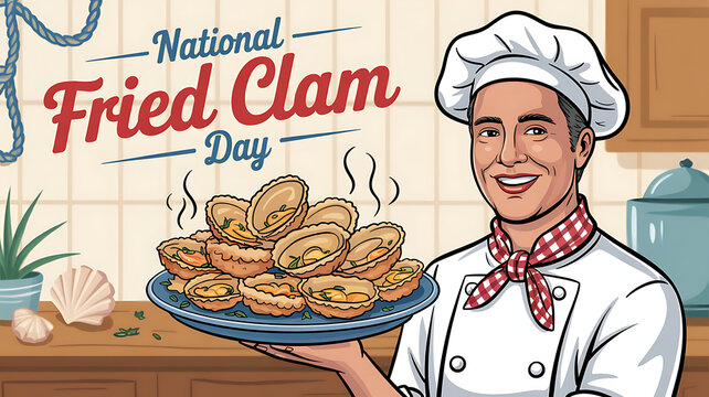 Happy Fried Clam Day, Chef Holding Plate of Fried Clams for National Fried Clam Day, Web Banner. 

