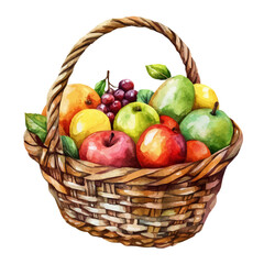 Orchard Fresh Fruit Basket, watercolor illustration vector, isolated on a white background.