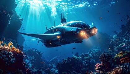 Fototapeta premium Futuristic Submarine Exploring Vibrant Coral Reef Ocean Underwater Scene