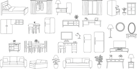 Set of minimalist black and white line drawings of furniture and home interior items, including sofa, table, lamp, refrigerator, bed, and more, isolated on white background
