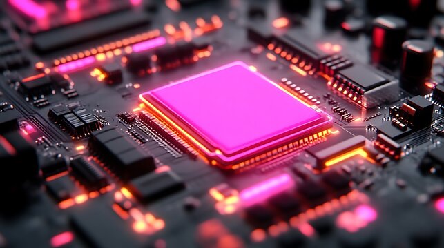 Close-up of a glowing circuit board with a central processor