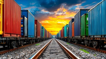 Fototapeta premium Colorful freight containers line railway tracks under a vibrant sunset sky