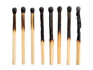 Close-up of Burnt Matches in a Row Isolated on transparent background, Isolated Png, Isolated on transparent background, Isolated Png file, Cut-out, No Background, Isolated object
