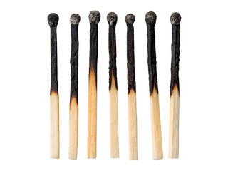 Close-up of Burnt Matches in a Row Isolated on transparent background, Isolated Png, Isolated on transparent background, Isolated Png file, Cut-out, No Background, Isolated object