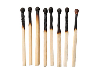 Close-up of Burnt Matches in a Row Isolated on transparent background, Isolated Png, Isolated on transparent background, Isolated Png file, Cut-out, No Background, Isolated object