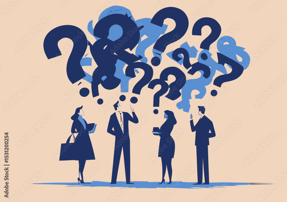 Poster business people in formal attire surrounded by large floating question marks expressing confusion do
