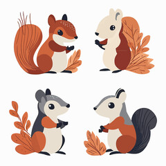 Obraz premium Set of four cute flat minimalist vector squirrels with bushy tails and autumn leaves in warm earthy colors suitable for prints and designs