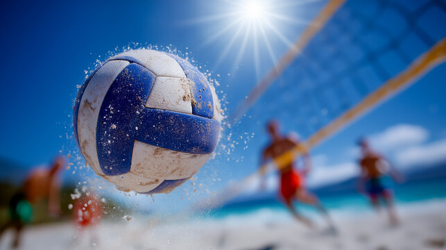 Beach volleyball ball flies through air on sunny coastline. Athletes compete in spirited match on sandy beach. Concept of sports, fitness, recreation