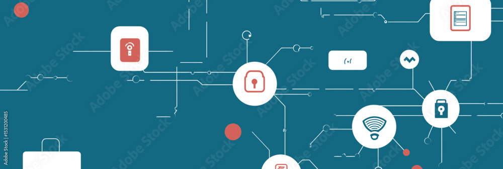 Aufkleber digital cyber security network concept with interconnected lock, wifi, document, and shield icons in