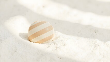 Obraz premium Minimalist composition of a striped spherical object partially buried in fine white sand
