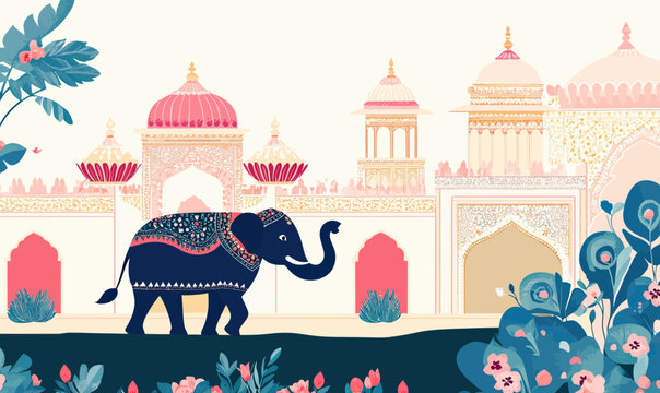 Decorative Mughal architecture with ornate elephant and floral garden in flat minimalist style vector illustration for wedding invitation frame design background