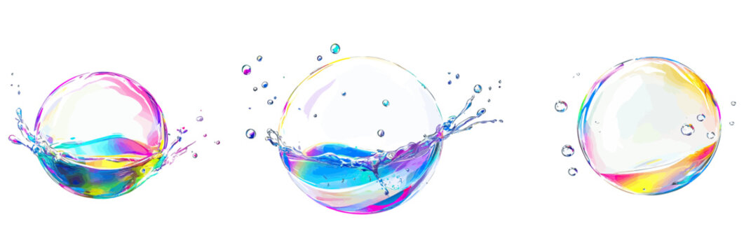 Realistic colorful soap bubbles bursting with water splash droplets isolated on white background set of three rainbow glossy spheres fading and exploding in air vector illustration