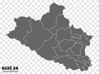 Blank map Nghe An Province of Vietnam. High quality map Nghe An with districts on transparent background for your web site design, logo, app, UI. Vietnam.  EPS10