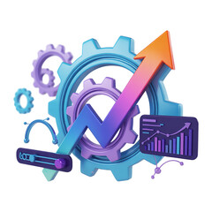 Upward Trending Arrow with Interlocking Gears and Data Graph isolated on a transparent background