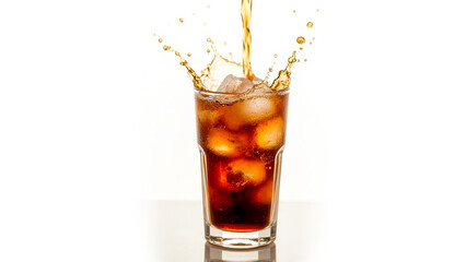 Refreshing Cold Beverage with Ice Cubes Splashing in a Glass on White Background