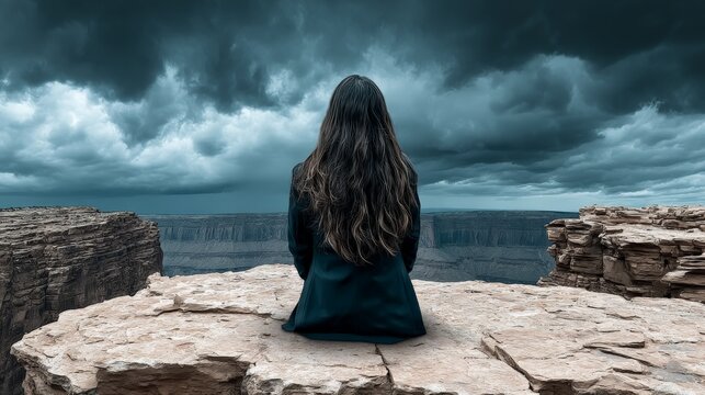 Woman sitting on a rocky cliff overlooking a dramatic canyon under stormy skies