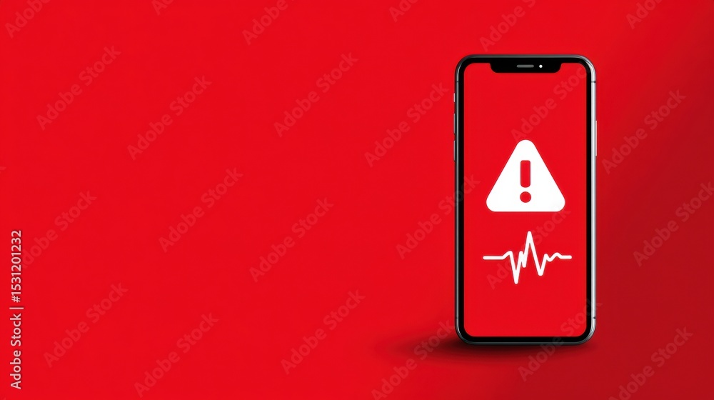 Poster smartphone alert icon signals heartbeat warning on red background, indicating a health concern or no