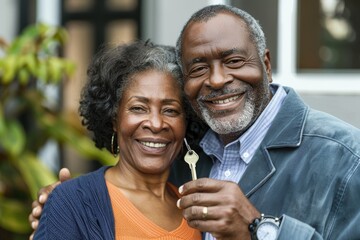 Portrait of a jovial afro-american couple in their 40s holding happily a key to their new home which they were