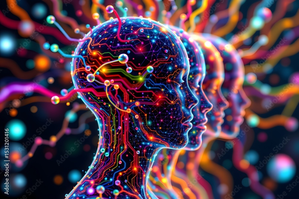 Aufkleber digital brains: a vivid depiction of three digital human brains, with colorful, interconnected circu