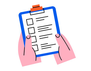 Hand drawn cute cartoon illustration of two hands holding clipboard. Flat vector check list form with empty checkbox sticker doodle. Planning or time management. Todo document in arm icon. Isolated.