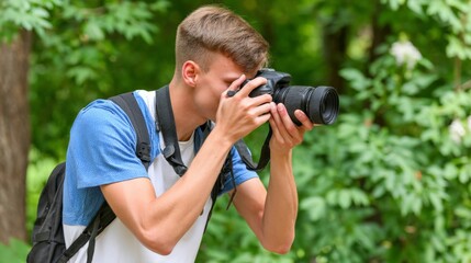 Young man with short hair takes a photo outdoors using a professional camera