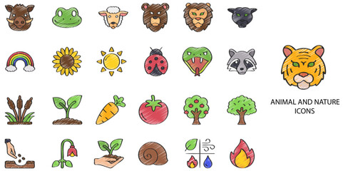 Animal and Nature simple concept 24 hand drawn color icons set .Vector illustration.