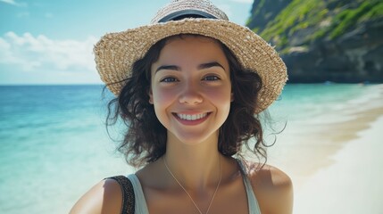 closeup shot of a good looking female tourist. Enjoy free time outdoors near the sea on the beach. Looking at the camera while relaxing on a clear day Poses for travel selfies smiling happy tropical