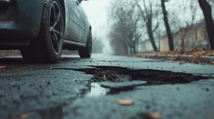 car wheels running and closed up Very bad quality street with potholes. have tree. Damaged asphalt pavement road with potholes in city, dangerous, broken, garage