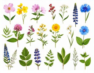 set herbs wild flowers hand drawn