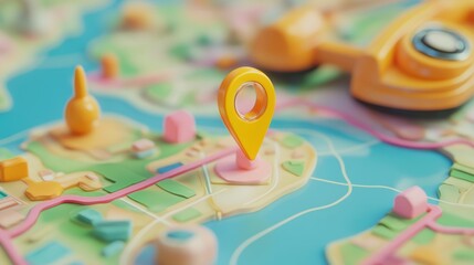 3D Map travel location. Locator mark of map and location pin or navigation icon sign on background with search. 3D rendering.