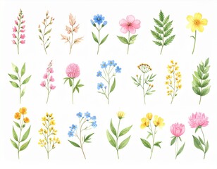 set herbs wild flowers hand drawn