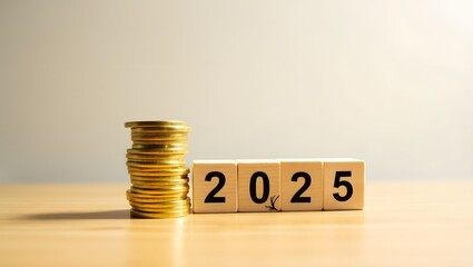 Minimalist stacks of coins with wooden blocks showing year 2025 under natural lighting