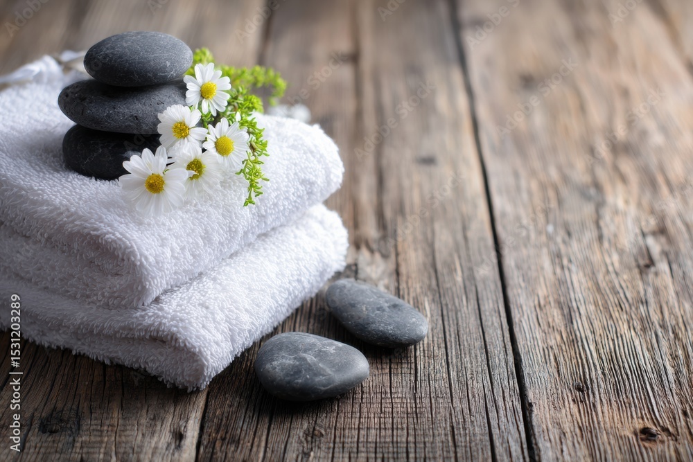 Poster spa stones and flowers on folded towels create a calming atmosphere on a rustic wooden table for rel