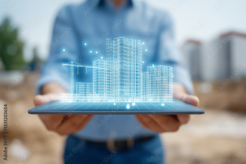 Poster technician holds tablet showing virtual building model designed with digital overlay. outdoor constr